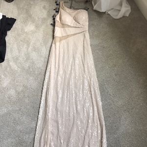 Nude, sequined gown, floor length, one shoulder